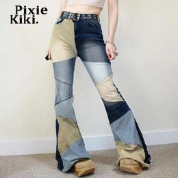 Women's Jeans PixieKiki Trashy Y2k 2000s Womens Blue Colorblock Flare Pants 90s Vintage Denim Trousers Streetwear Bottoms P67-FZ52