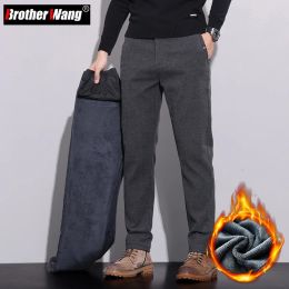 Pants Winter New Men's Fleece Brushed Casual Pants Thickened Warm Slim Straight Elastic Waist Black Business Trousers Brand Clothes