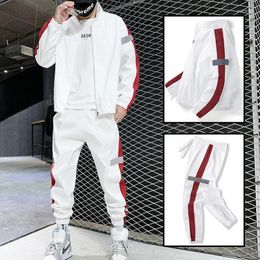 Men's Tracksuits Leisure Sports Cardigan Suit Men Spring And Autumn Reflective Strip Long Sleeve Jacket Trousers Lovers Printed