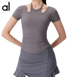 AL Womens Yoga T Shirt Shirt Solid Colour Nude Shaping Waist quick-dry Sports T-shirt Running jogging Tops Sportswear with Thumb Holes Yoga Outfit