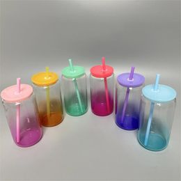 16oz Sublimation Blanks Gradient Glasss Cups Transparent Clear Ombre Jelly Iced Juice Beer Glasses Can Tumbler Coffee Mug With Coloured Lids & Straws For UV DTF Wraps