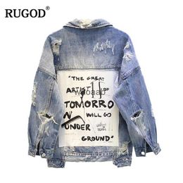 Women's Jackets RUGOD 2018 New Letter Print Frayed Jean Winter Ripped Hole Denim Coat Bomber Jackets Casaco 240301