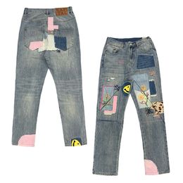 2024SS Jeans Mens denim Long Pants Blue High Street Patchwork Ejressed