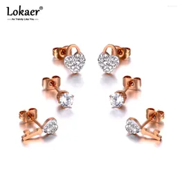 Stud Earrings Lokaer Trendy Titanium Stainless Steel Lock & Key Rhinestone Jewelry 3Pair/Set Crystal For Women Girls E20037