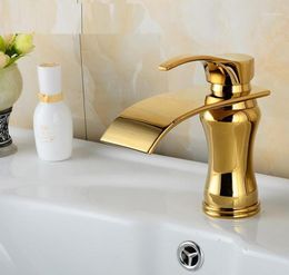 Bathroom Sink Faucets Vintage Copper Jade Basin Faucet Waterfall European Retro Mixer Water Tap Gold Plated Whole14085783