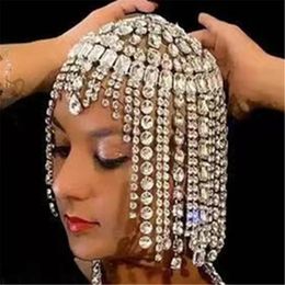 Handmade Clear Crystal Tassel Square Pendant Head Wig Chain Headband for Women Rhinestone Geometric Head Chain Head Cap Jewellery 240223