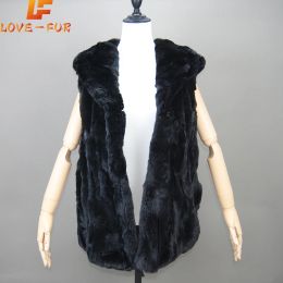 Waistcoats Fashion Women Hooded Fur Coat Beige Rex Rabbit Fur Vest Sleeveless with Hood Winter Rex Rabbit Fur Waistcoat 100% Real Fur Vest