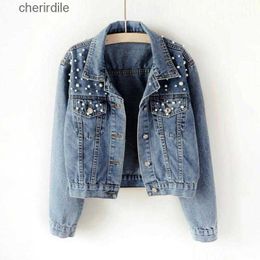 Women's Jackets Autumn Pearl Beading Crop Denim Jackets Women Casual Jeans Bomber Long Sleeve Denim Coat Plus Size outwear ED 240301