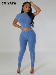 Outfit CM.YAYA Fashion Knit Ribbed Women's Set Tunic Waist Tshirt and Legging Pants 2023 Summer Yoga Two 2 Piece Set Outfit Tracksuit