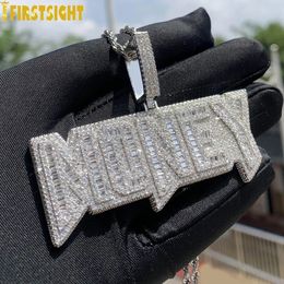 Iced Out Bling Letters Money Pendant Necklace Gold Silver Colour Rectangle CZ Zircon Charm Mens Women Hip Hop Jewellery 240226