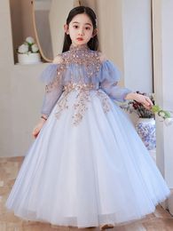 Long Princess Cinderella Flower Dresses Crystals Beaded Ball Gown Blue Kids Newest Design Custom Tulle Cute Girl Formal Party Gowns Pageant Wears 403