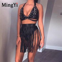 Bras Sets PU Leather Body Harness Tassel Skirt Hollow Cage Bra Top 2 Piece Set Women Bdsm Sexy Fetish Lingerie Fringe Belt Bondage9131147