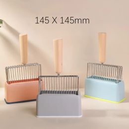 Housebreaking Metal Cat Litter Shovel Wooden Handle With Storage Base Box 145mm Shovel Surface Cat Litter Scoop Clean Tools Pet Accessories