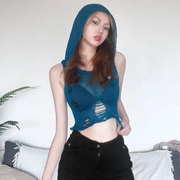 Women's Tanks Dune Wasteland Style Sleeveless Hooded Knitted Tank Top Women Tops Summer Broken Hole Hollow Sexy Spicy Girl Slim Fit Short
