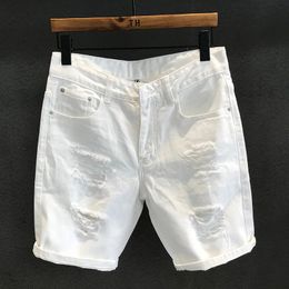Summer Mens Fashion White Hole Washing Denim Shorts Leisure Scraped Beggar Straight Short Pants 240226