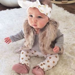 Trousers Baby Girl clothes Long Sleeve Top Bodysuit+Golden Love Pattern Pants+ Headband 3PCS Baby Girls Clothing Sets