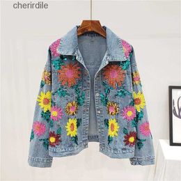 Women's Jackets Jackets Spring Denim Women Sequins Floral Embroidery Long Sleeve Coat Female Sun Flower Jeans Tide H532 240301