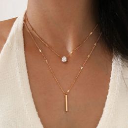 Women Necklace New Fashion Simple Crystal Geometric Charm Multilayered Pendant Necklace Square Rhinestone Jewelry Women Gifts