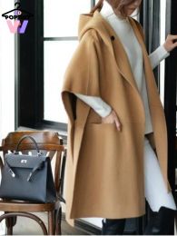 Blends New in Cape Loose Cardigan Outwear Cloak Coats Korean Casual Solid Hooded Woollike Jackets Pockets Street Wearing Women Wraps