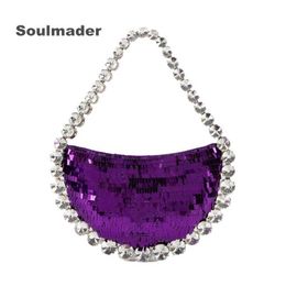 Evening Bags Women Rhinestones Evening pouch tote Bag shining Crystal Party Wedding half moon Bag silver gold black purple wholsale J240301