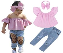 New Girls Fashion Suit Summer Pink Word Shoulder Tshirt Hole Denim Shorts Bowknot Hairband Children039s Clothing Set 4435016