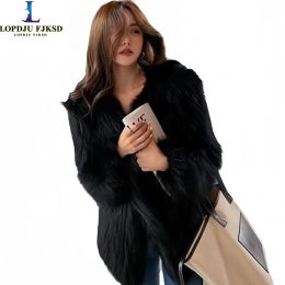 Fur Real Raccoon Dog Fur Coat for Women, VNeck, Thick Warm Jacket, Loose Overcoat, Female Clothing, High Quality, New, Winter, 2023