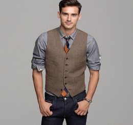 2017 Brown Wool Herringbone Tweed Vest Men039s Suit Vests Slim fit Groom Vests Vintage Wedding Waistcoat Unique Mens Dress Vest2504614