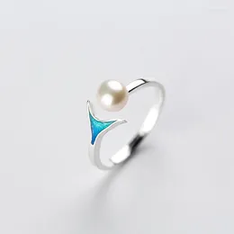 Cluster Rings Mermaid Style Ocean Blue Fishtail Ring Fashion National Pearl Opening Elegant Women's Birthday Party Jewelry Gift