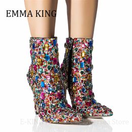 Women Multicolor Crystal Ankle Boots Sexy Stiletto Heels Rhinestone Cocktail Booties Ladies Bling Party Shoes Botas De Mujer 240227