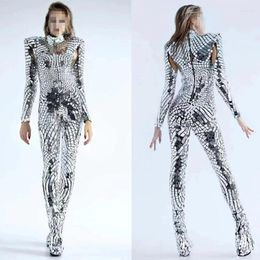 Stage Wear Pole Dance Outfit Women Lens Bodysuit Bar Silver Jumpsuit Nightclub Show Mirror Shiny Sequins Gogo Costume