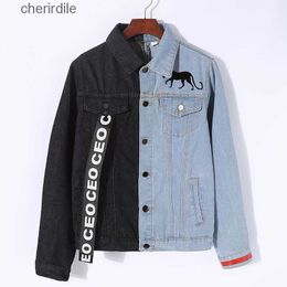 Women's Jackets lyfzous Left black right blue denim women letter Ribbon Contrast Colour jean female coat denim jackets 240301