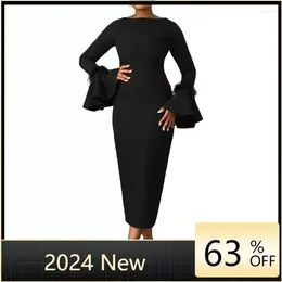 Ethnic Clothing Black African Dresses For Women Elegant Spring 2024 Long Sleeve O-neck Polyester Maxi Bodycon Dress Africa