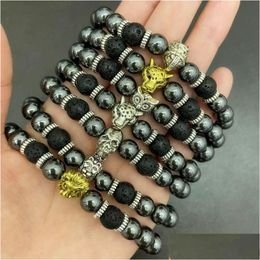 Beaded Punk Back Hematite Mens Bracelet Desinger Lava Rock Stone Alloy Sier Plated Skl Lion Owl Man Gold Charm Bangles Jewelry For F Dh9Rq