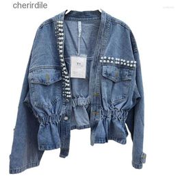 Women's Jackets Jackets Women Sweet Pearls Denim Crop Plus Size Coats Streetwear Pleated Cropped Jean Clotes Korean 240301