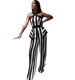 Black White Striped Wide Leg Jumpsuit Women Sleeveless Halter Shoulder Sexy Romper Elegant ice Formal Overalls Women's Jumpsuits & Ro4739773