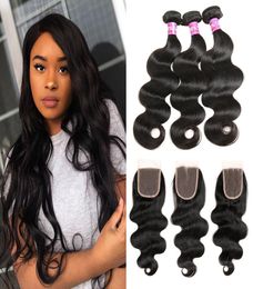 High Quality Grade 10A Brazilian Virgin Human Hair Body Wave 3 Bundles With 4x4 Lace Closure MiddleThree Part Natural Color 2421005