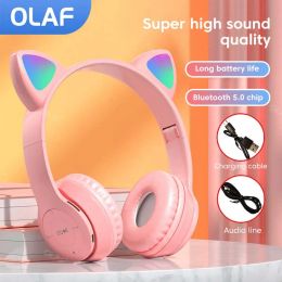 Headphone/Headset Cute Cat Ear Bluetooth Wireless Headphones LED Light Foldable Hifi Music Stereo Earphone For Kids Girls Earbuds PC Phone Headset