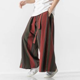 Pants 2022 Men Striped Wide Leg Pants Men Cotton Joggers Retro Trousers Man Chinese Style Linen Pants Male Big Crotch Nepal Robe Pants