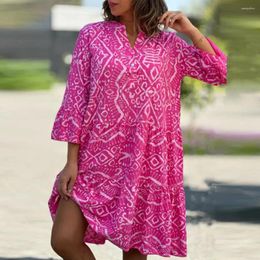 Casual Dresses Women Retro Print Dress Midi Bohemian Geometric With Three Quarter Sleeve A-line For Women's