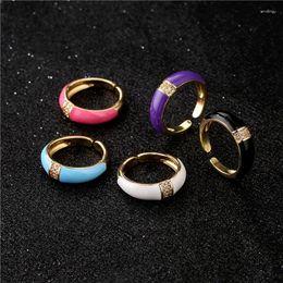 Cluster Rings BUY 2024 Fashion Colourful Oil Dripping Geometric Open Ring For Women Girl Luxury Gold Color Copper CZ Wedding Jewelry