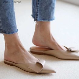 Dress Shoes Woman 2022 Women Cow Leather Mules Flats Shallow Slippers Pointed Toe Designer Mules Ladies Casual Flat Shoes Korea StyleH2431