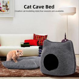 Mats Cute Detachable Felt Cat Bed Breathable Solid Colour Zipper Cats Cave House All Season Deep Sleeping Bag Basket Pet Accessories