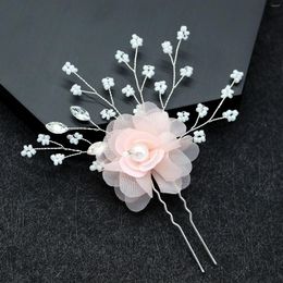 Hair Clips Pink Flower Hairpin U-shape Sweet Girls Barrettes Beads Pearls Wedding Bride Jewelry Sparkling Crystal Headdress