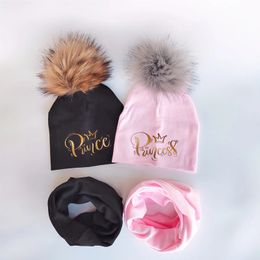 Baby Hats set for Girls golden letter princess prince crown Hat Boy Hat kintted Cotton Children Scarf Collar Caps Kid Beanie set 240220