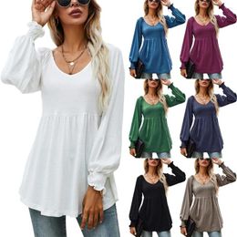 Women's T Shirts Womens Casual Long Sleeve Blouse V Neck Fall Tee With Pleated Flare Hem Puff Tunic Smocked Cuffs