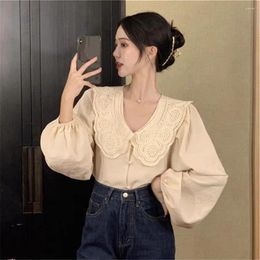 Women's Blouses Women Shirt Spring Fall Top V Neck Doll Collar Solid Colour Long Lantern Sleeve Loose Soft Casual Sweet Style Lady Cummute