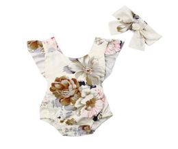 2019 new floral baby girls romper flower printed ruffle sleeve kids jumpsuit bow headband summer children onesie toddler clothes5846822