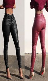 New Style Women039s Pants Stretch High Waist Pencil Pants Skinny PU Leather Leggings Pure Color Pocket Trousers Fashion 2012174650