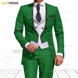 Suits Fashion Green Suits for Men Slim Fit Elegant Business Dinner Wedding Tuxedo Set Custom Groom Groomsmen Blazer Vest Pants 3 Piece