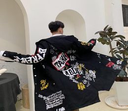 Letter Print Jacket and Graffiti Trench Coat for Mens Hip Hop Fall Clothing Harajuku Fashion Long Overcoat with Hood Windbreaker4107597